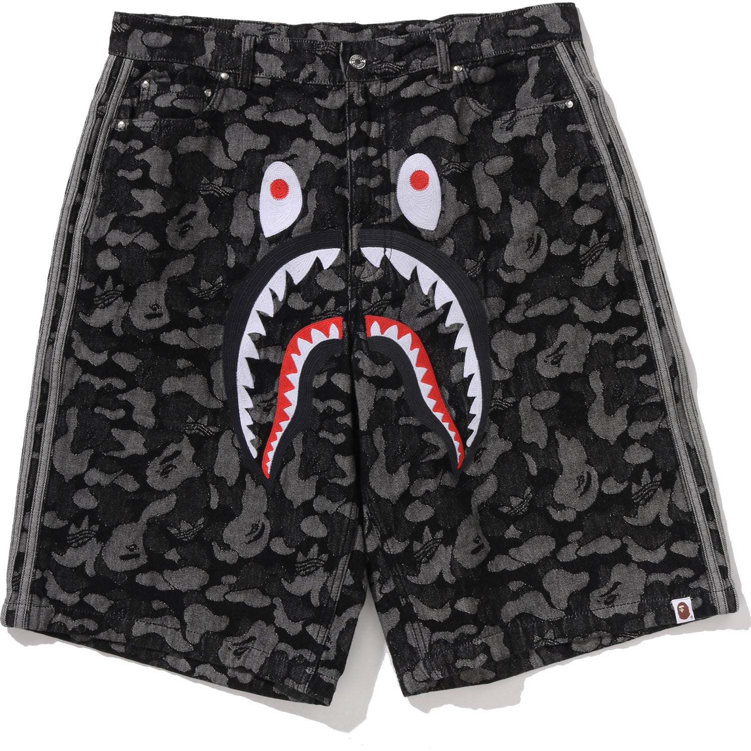 BAPE X ADIDAS CAMO JACQUARD SHARK DENIM JORTS MENS – Image 1