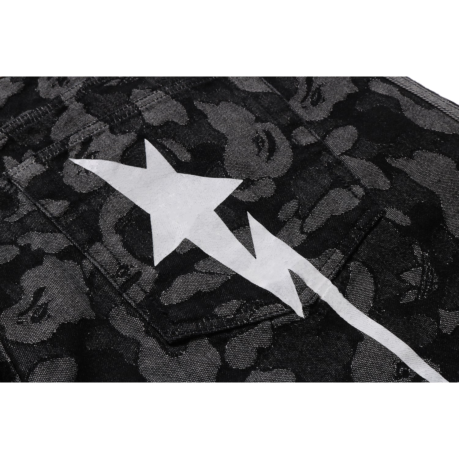 BAPE X ADIDAS CAMO JACQUARD SHARK DENIM JORTS MENS – Image 5