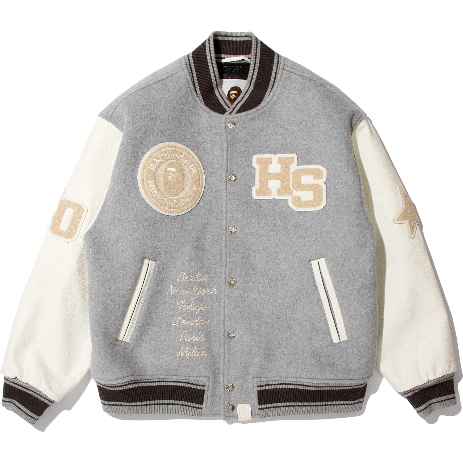 BAPE X HIGHSNOBIETY MULTI LOGO VARSITY JACKET MENS – Image 1