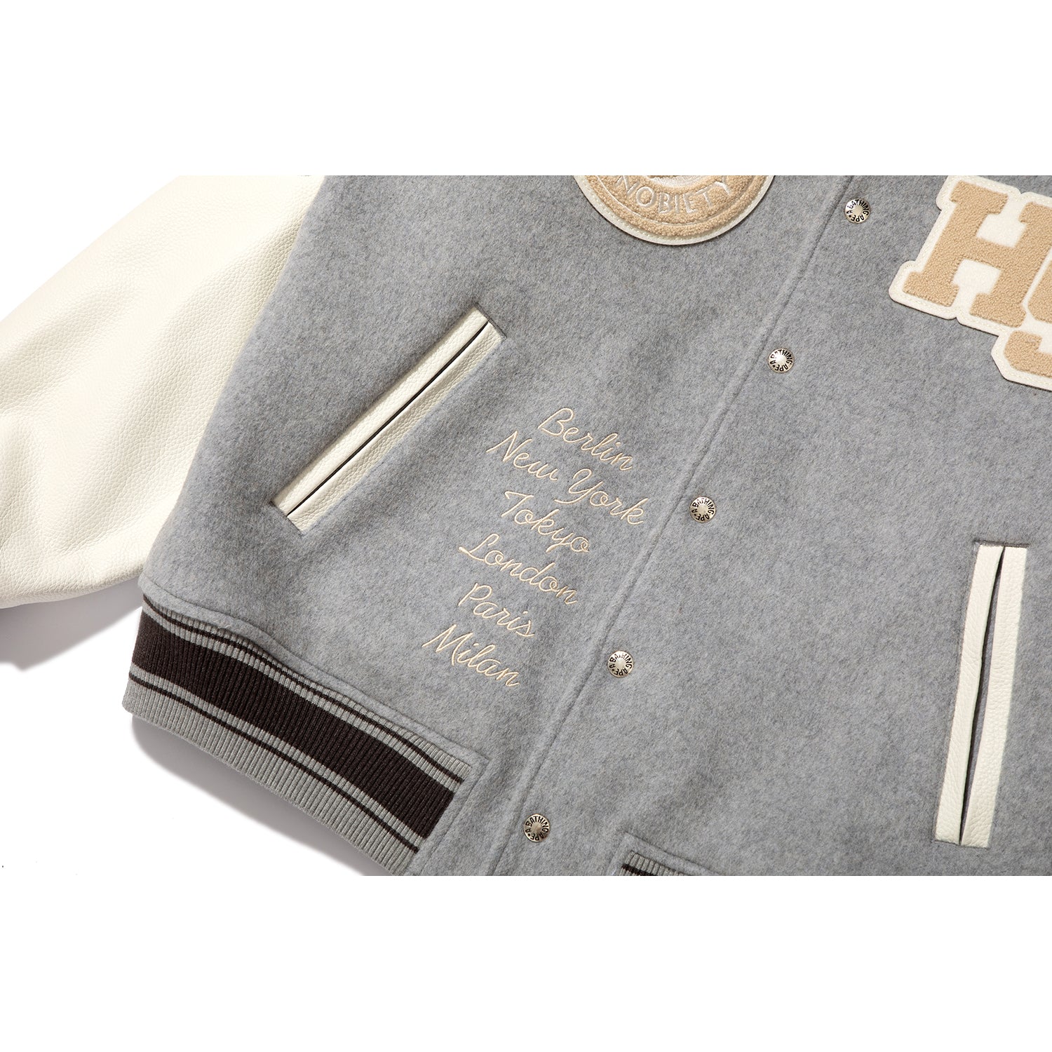 BAPE X HIGHSNOBIETY MULTI LOGO VARSITY JACKET MENS – Image 4