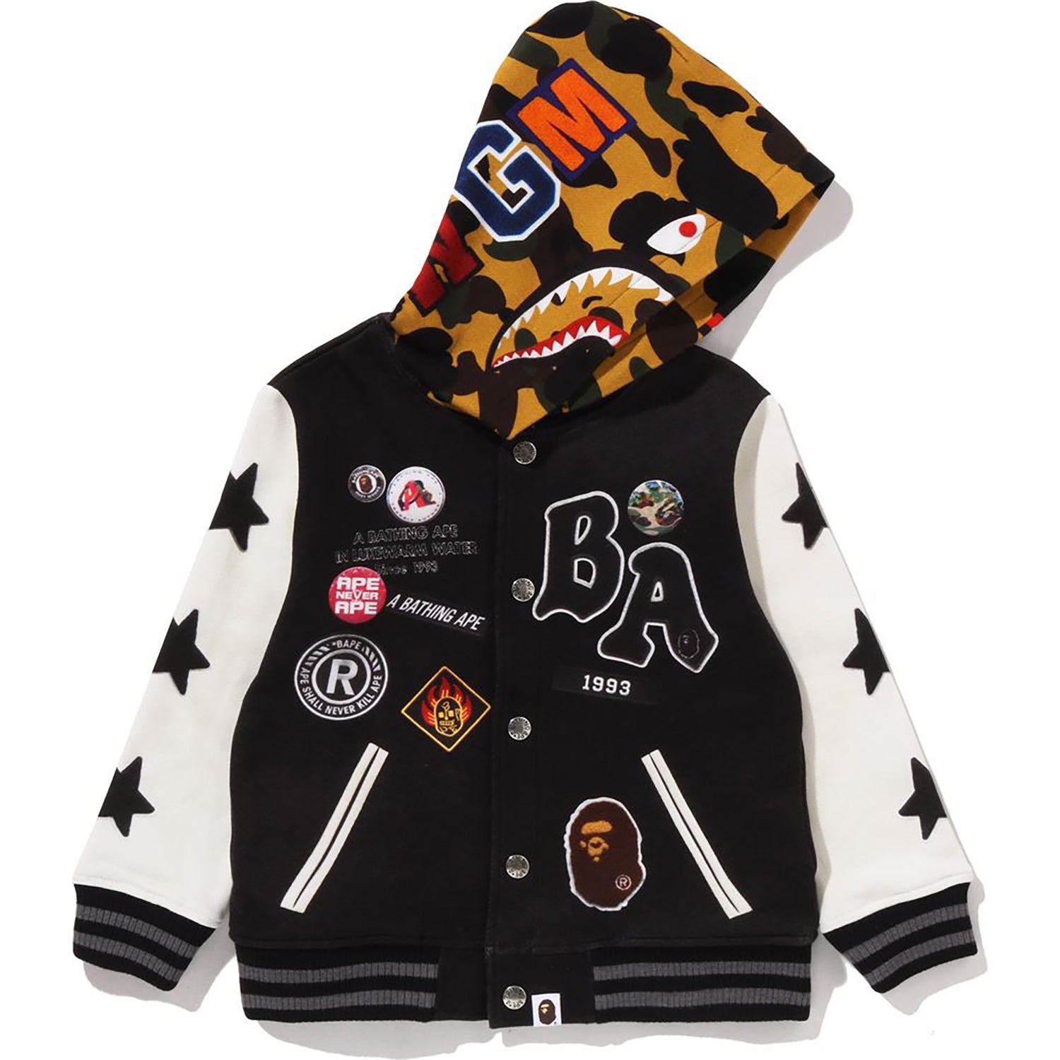 1ST CAMO SHARK HOODIE PRINT SWEAT VARSITY JACKET KIDS – Image 1