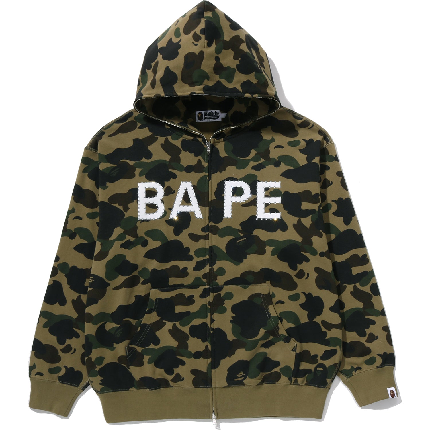 1ST CAMO BAPE LOGO RHINESTONE RELAXED FIT FULL ZIP HOODIE MENS – Image 1