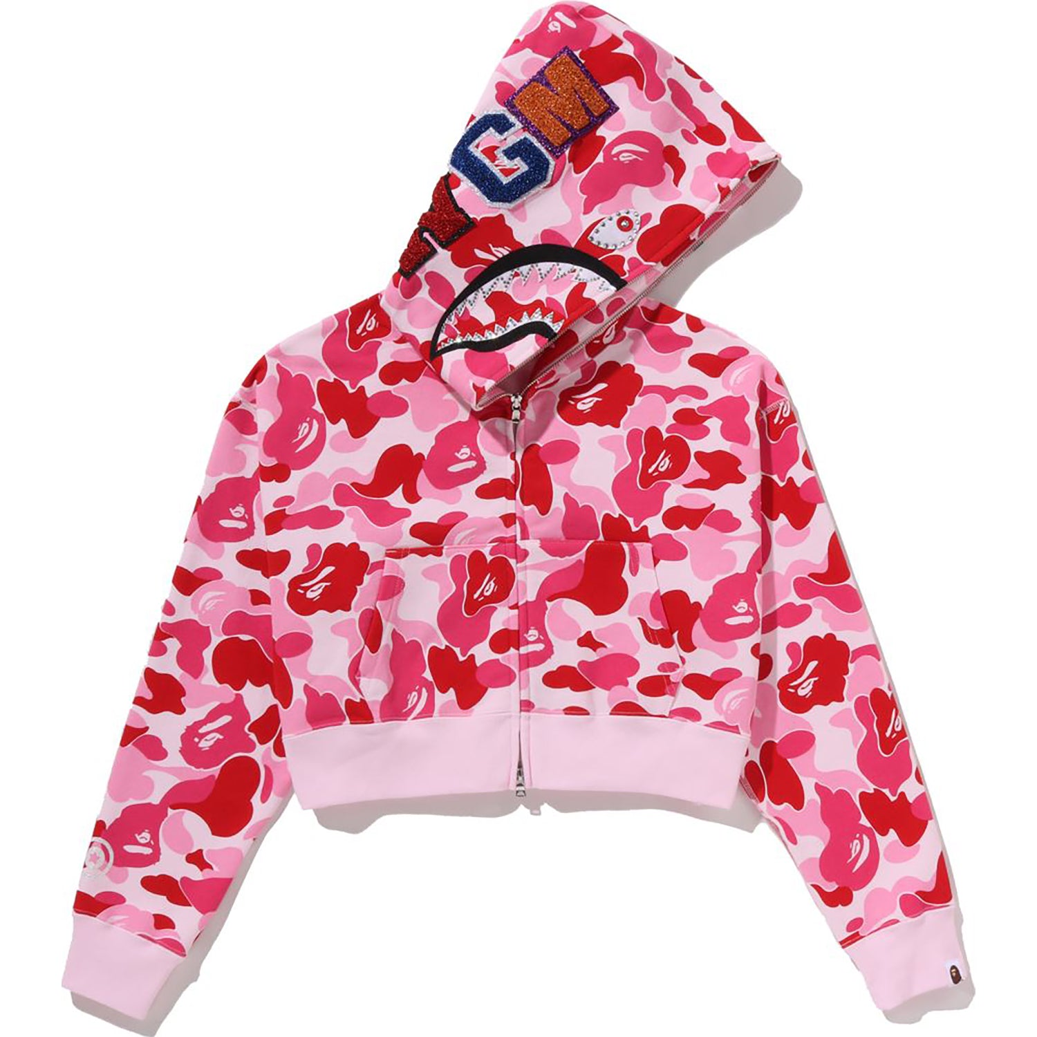 ABC CAMO CRYSTAL STONE SHARK CROPPED FULL ZIP HOODIE LADIES – Image 1
